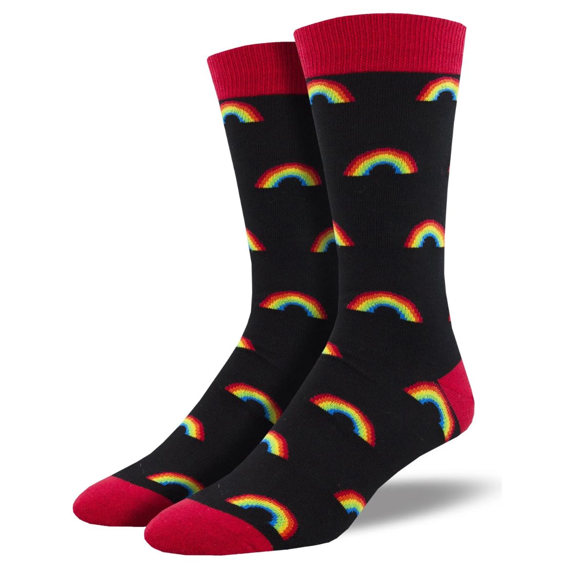 On the bright side socks a pair of black crew socks with rainbow print