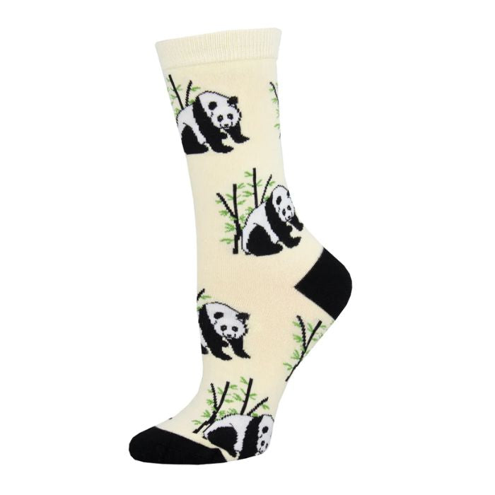 Panda bear sock ivory white crew sock with panda bears and bamboo print