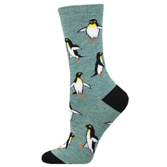 green crew sock with penguin print