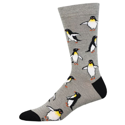 pengui personality sock, grey crew sock with penguin print