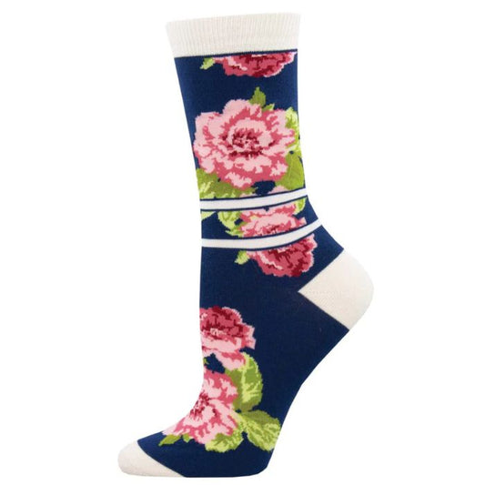 Peonies if you please sock navy blue crew sock with peonies flower print