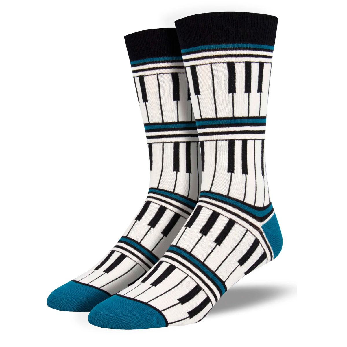 Piano socks a pair of blue crew socks with piano keys print