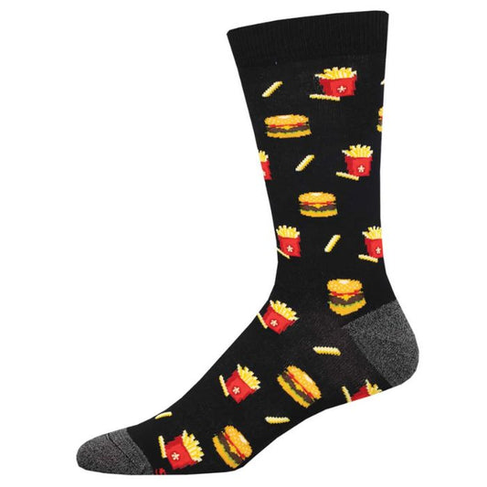 quick bite sock, black crew sock with hamburger and fries print