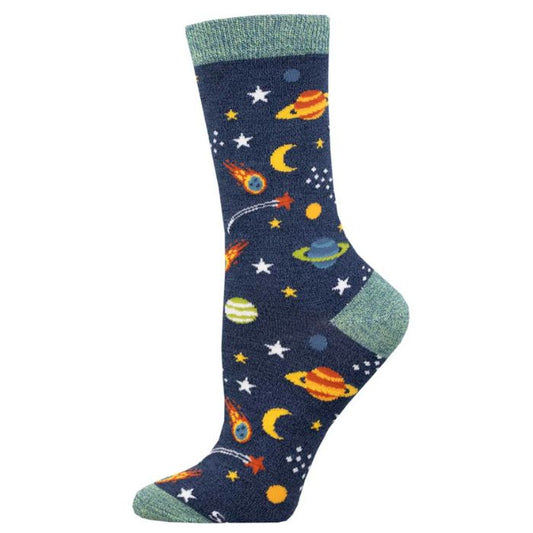 reach for the stars sock, navy blue crew sock with moons, stars and planets print