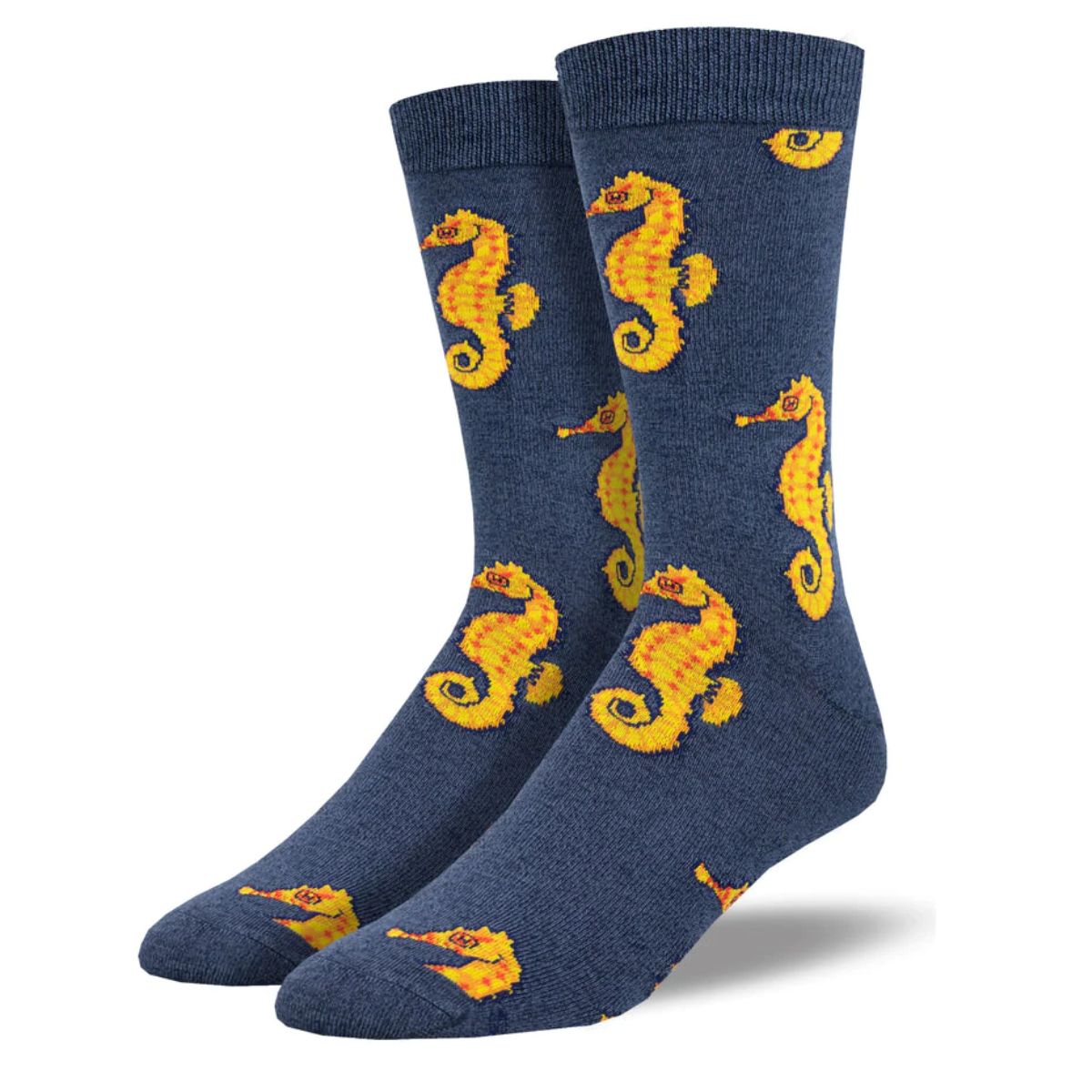 Regal seahorse socks a pair of navy blue crew socks with seahorse print