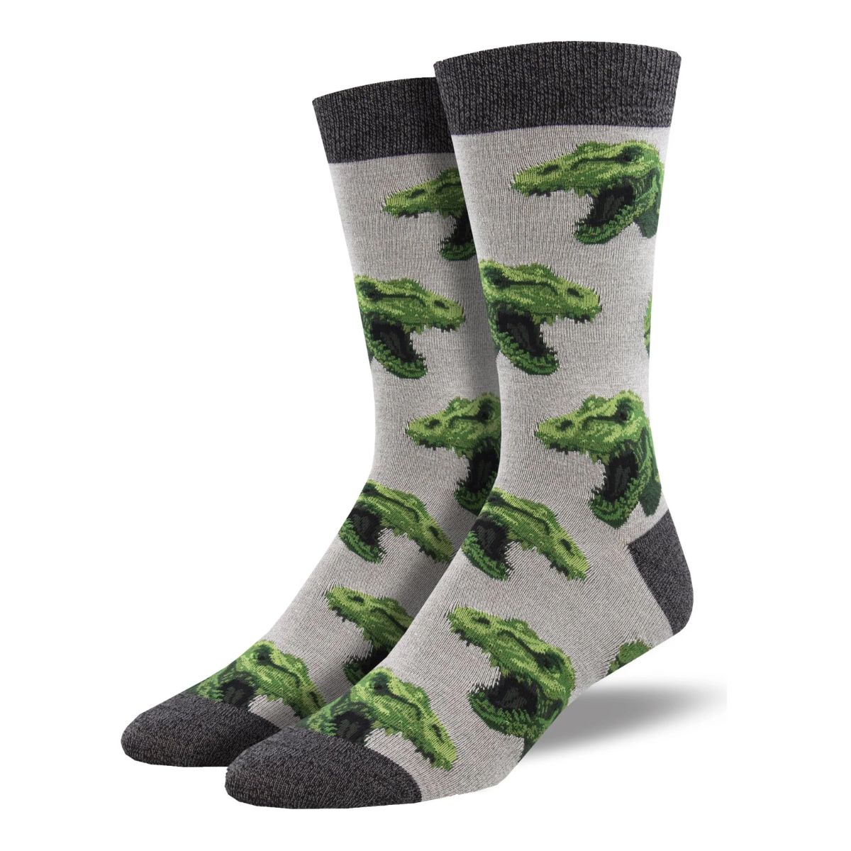 Rex your muscle socks a pair of grey crew socks with dinosaur print.