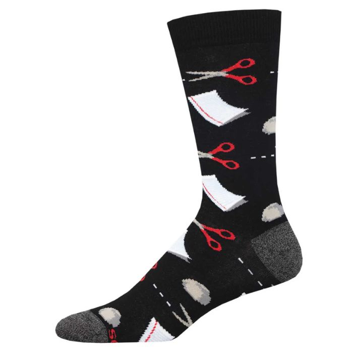 black crew sock with rocks, sheets of paper and pairs of scissors print