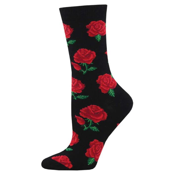 Rosy toes sock black crew sock with red rose print