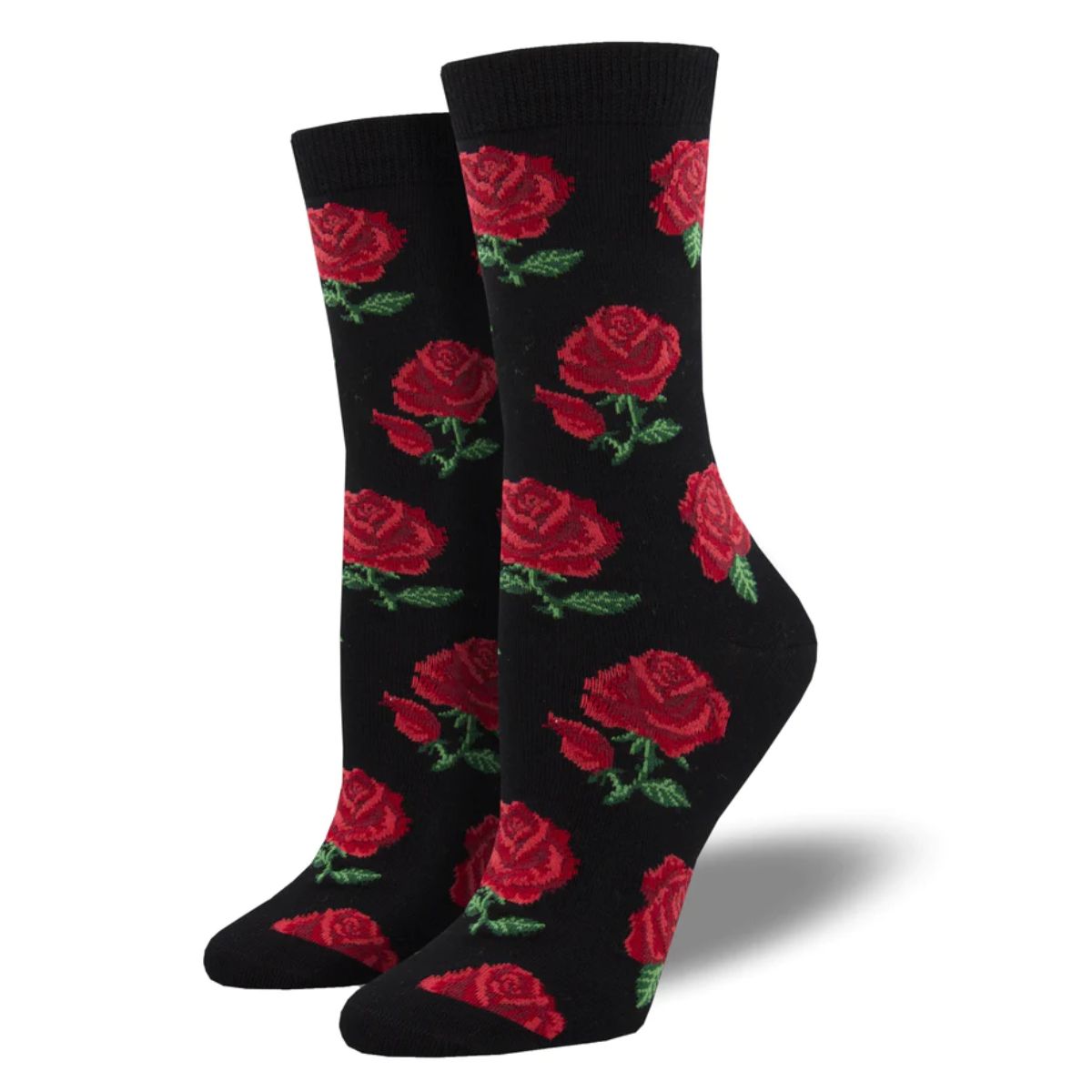 Rosy toes socks a pair of black crew socks with rose print