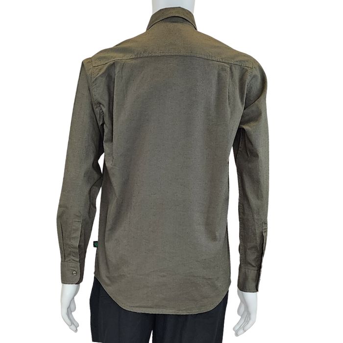 Army green Ryan dress shirt back view of top on mannequin