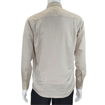 Oatmeal brown Ryan dress shirt back view of top on mannequin