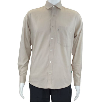 Oatmeal brown Ryan dress shirt front view of top on mannequin