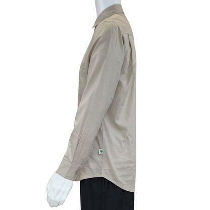 Oatmeal brown Ryan dress shirt side view of top on mannequin