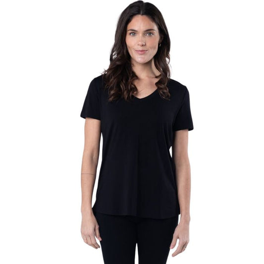Rylie V-neck t-shirt black front view of top on model