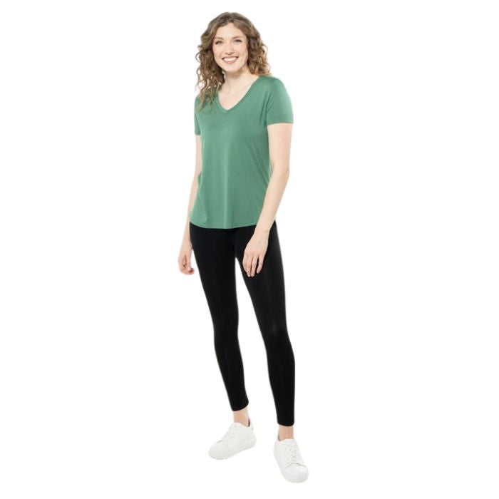 Rylie V-neck t-shirt top forest green full body front view on model