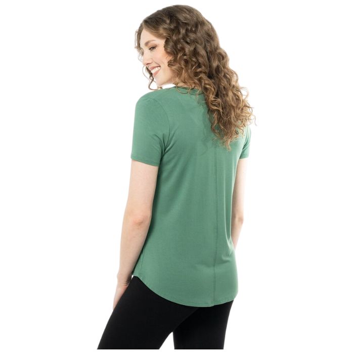 Rylie V-neck t-shirt forest green back view of top on model