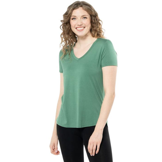 Rylie V-neck t-shirt forest green front view of top on model
