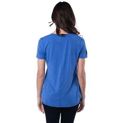 Rylie V-neck t-shirt ocean blue back view of top on model