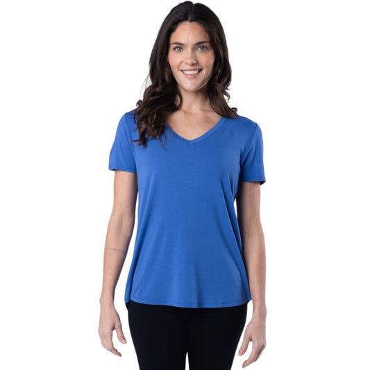 Rylie V-neck t-shirt ocean blue front view of top on model