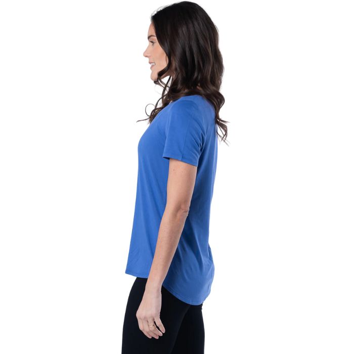 Rylie V-neck t-shirt ocean blue side view of top on model
