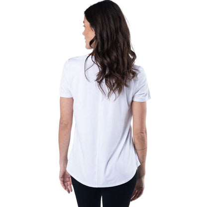 Rylie V-neck t-shirt white back view of top on model