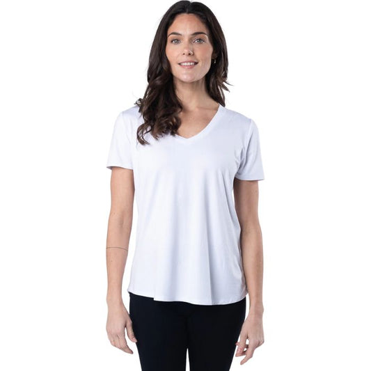 Rylie V-neck t-shirt white front view of top on model