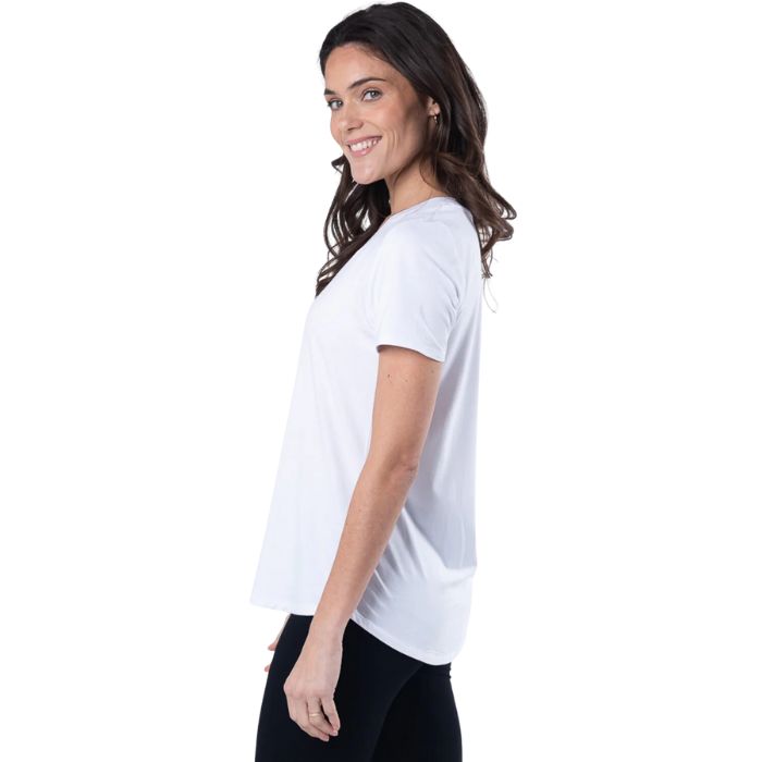Rylie V-neck t-shirt white side view of top on model