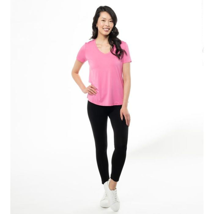 Rylie V-neck t-shirt top wild orchid pink full body front view on model