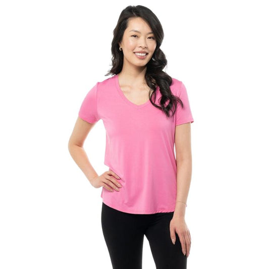 Rylie V-neck t-shirt wild orchid pink front view of top on model