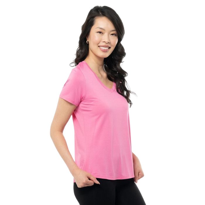 Rylie V-neck t-shirt wild orchid pink side view of top on model