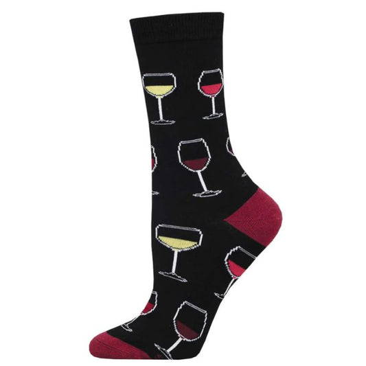 Sip sip hooray sock black crew sock with wine glass print