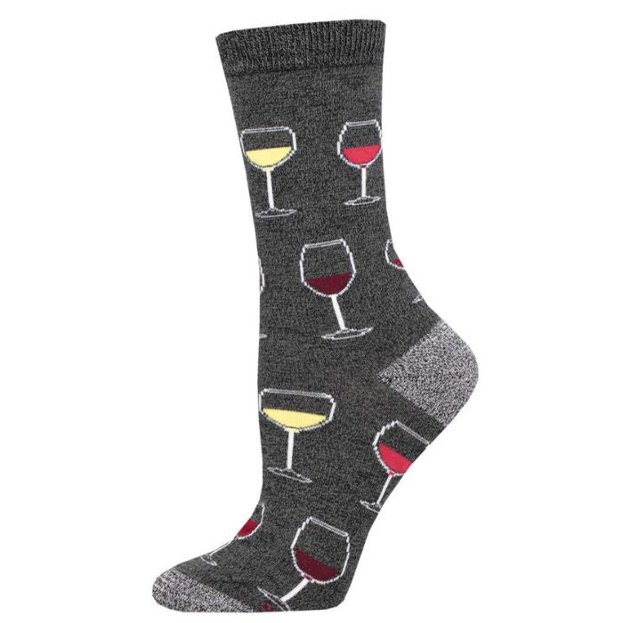 Sip sip hooray sock charcoal grey crew sock with wine glass print