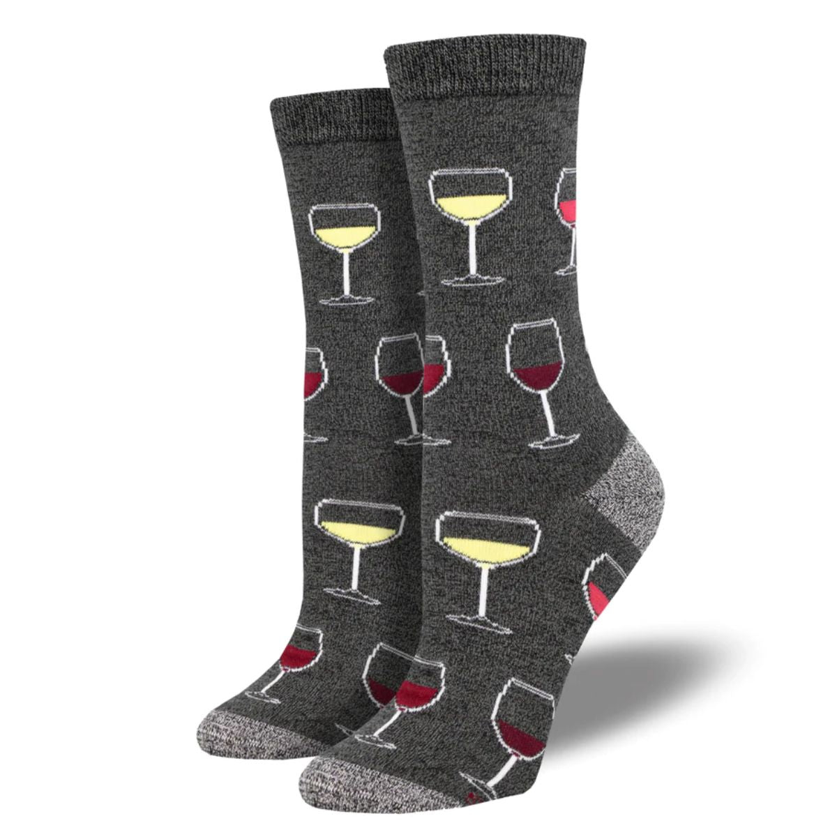Sip sip hooray socks a pair of charcoal grey crew socks with wine glass print