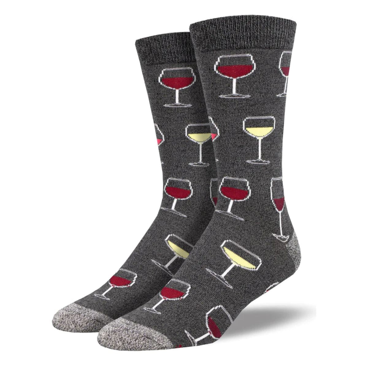 Sip sip hooray socks a pair of charcoal grey crew socks with wine glass print