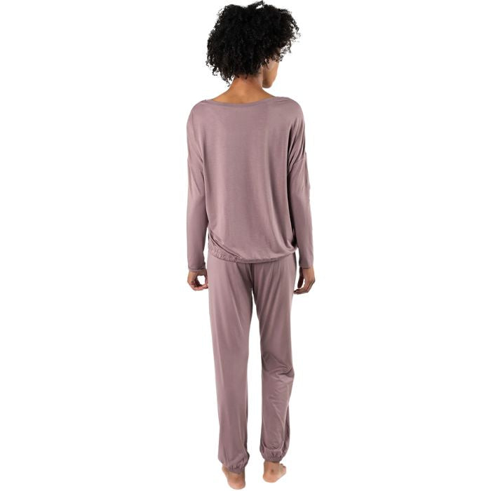 mauve purple snuggle-up lounge set long sleeve top with pants full body back view on model