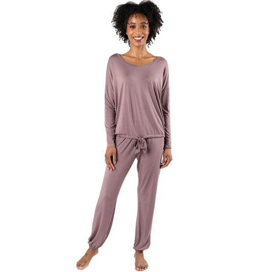 mauve purple snuggle-up lounge set long sleeve top with pants full body front view on model