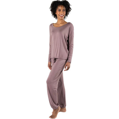 mauve purple snuggle-up lounge set long sleeve top with pants full body side view on model