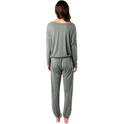 seagrass green snuggle-up lounge set long sleeve top with pants full body back view on model