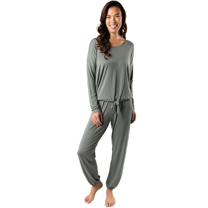 seagrass green snuggle-up lounge set long sleeve top with pants full body front view on model