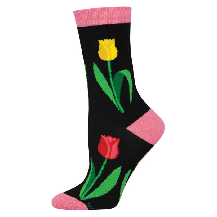 Spring tulip sock black crew sock with tulip flower print