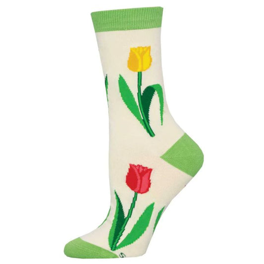 Spring tulip sock white crew sock with tulip flower print
