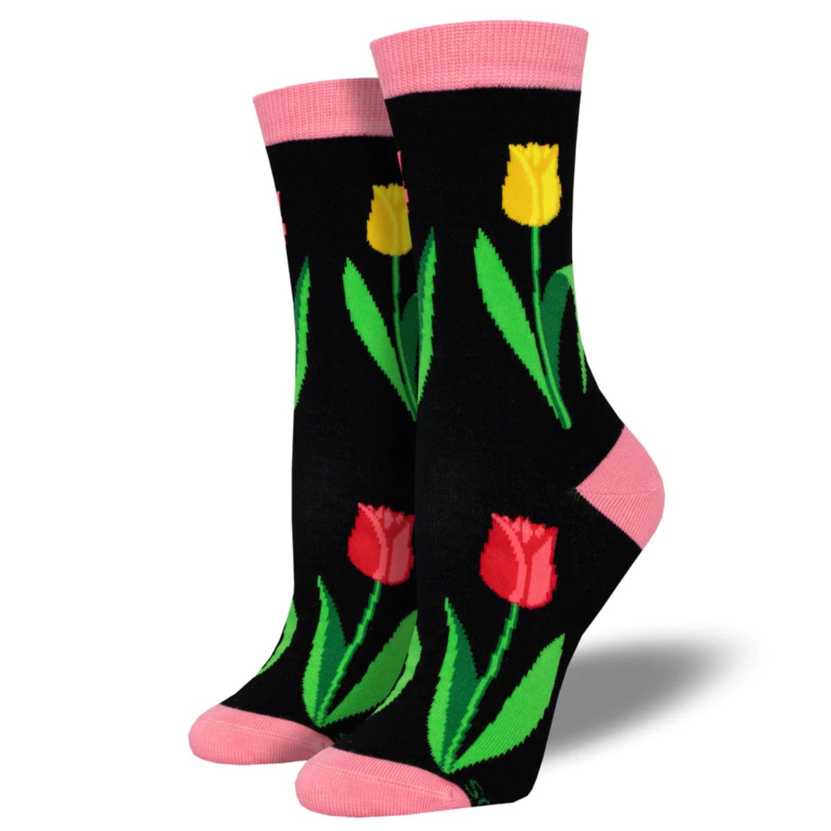 Spring tulip socks a pair of black crew socks with tulip flower print