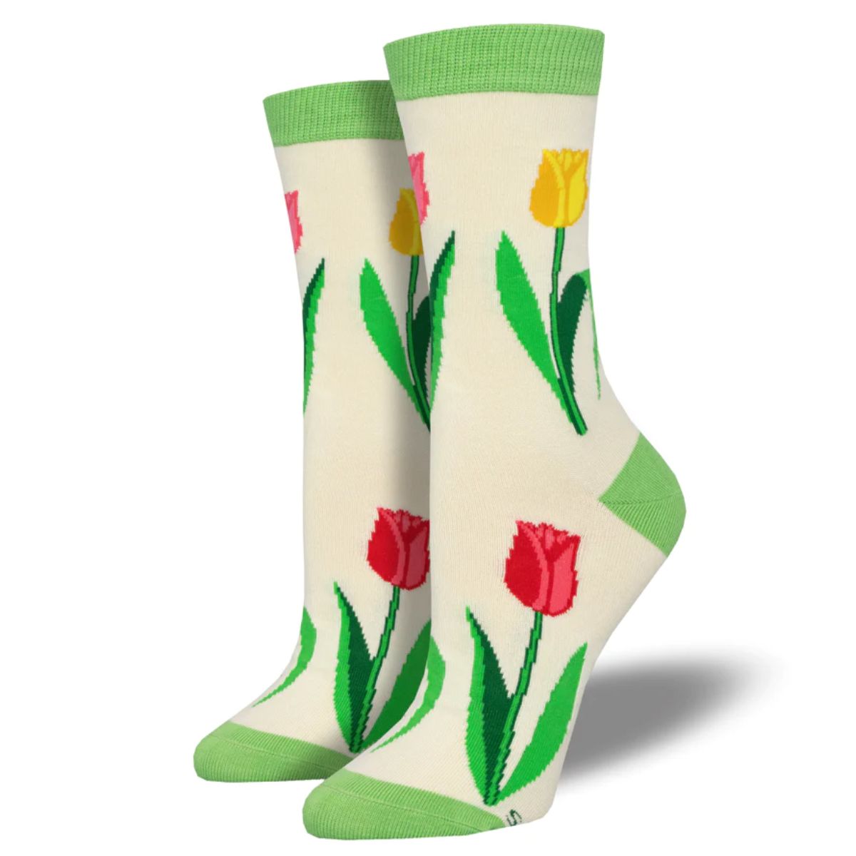 Spring tulip socks a pair of white crew socks with tulip flower print