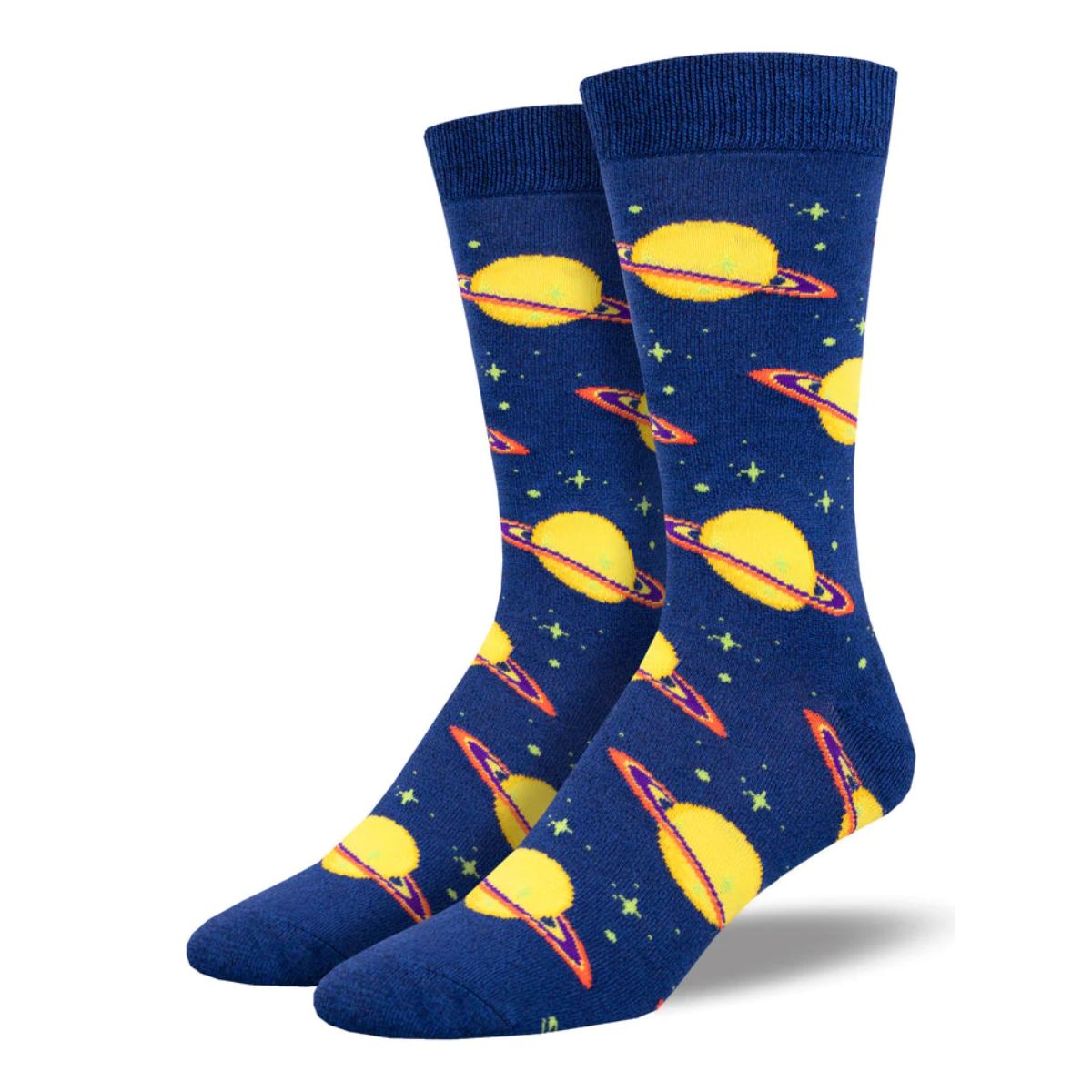 Star struck socks a pair of navy blue socks with planet Saturn print. 
