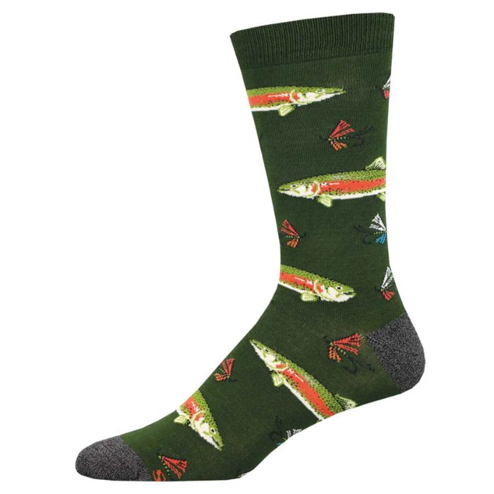 green crew sock with trout fish print