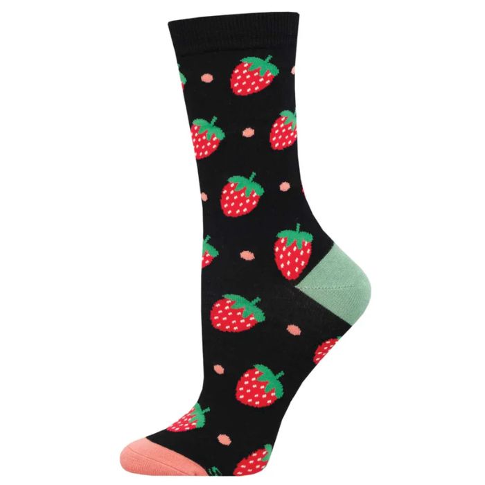 Strawberry delight sock black sock with little strawberries print.