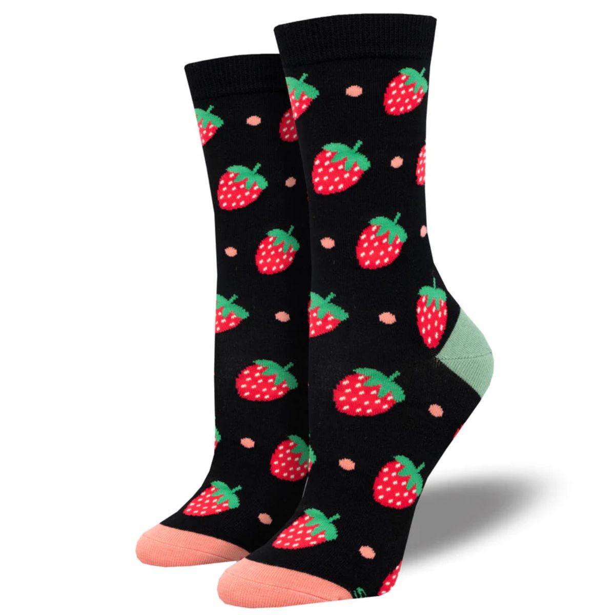 Strawberry delight socks a pair of black socks with strawberry print. 