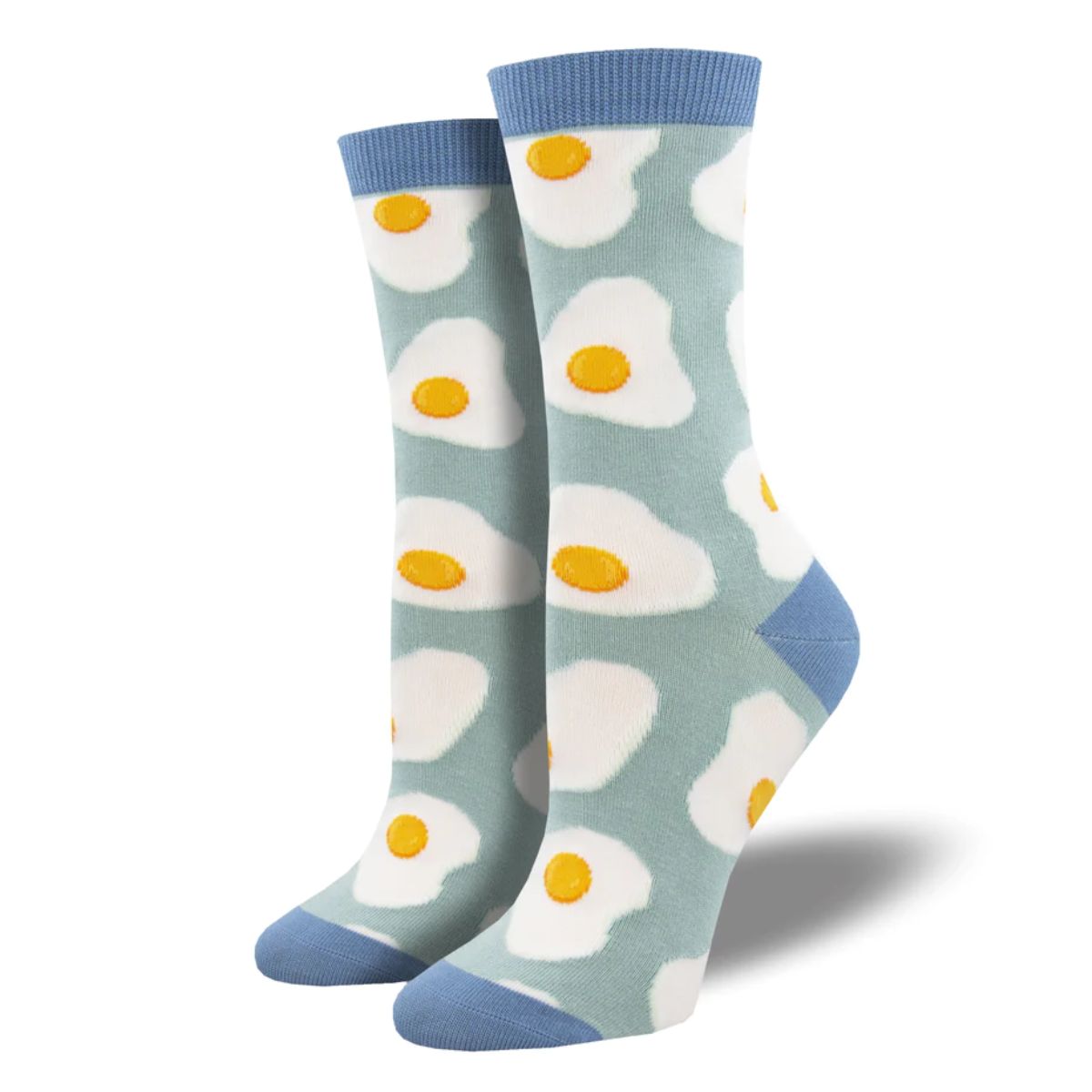 Sunny side up socks a pair of blue crew socks with sunny side up egg print