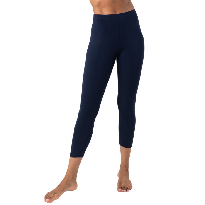 suri capri length legging pant ink blue front view of only bottoms on model
