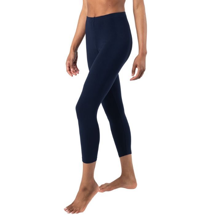 suri capri length legging pant ink blue side view of only bottoms on model